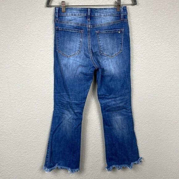 Tricot by C’est Toi Flare Fringe Raw Hem Jeans Distressed Crop Festival Sz 25 - Picture 4 of 10